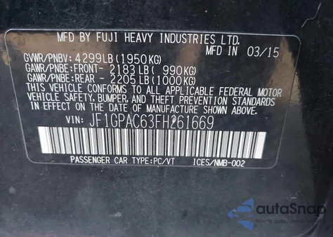 2015 Subaru Impreza 2.0I Premium from USA, damaged, VIN JF1GPAC63FH261669